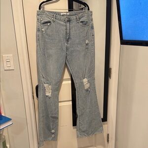 Light Wash Distressed Flare Jeans - Women's Wide Leg